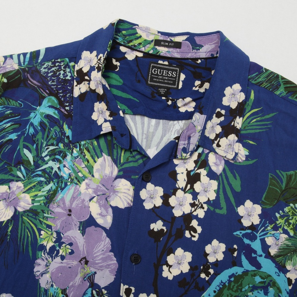 Guess Button Down Shirt Mens XL Blue Floral Peacock Slim Fit Short Sleeves